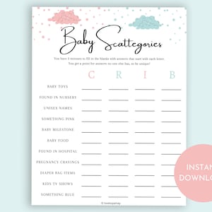 May include: A printable baby shower game called "Baby Scattegories". The game has a list of categories related to babies, such as "Baby Toys", "Found in Nursery", and "Something Pink". Players need to fill in the blanks with answers that start with each letter of the word "CRIB".