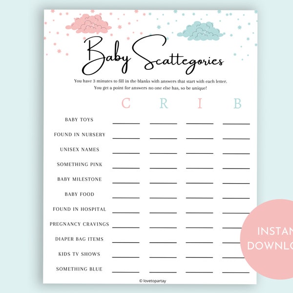 Baby Shower Scattergories, Virtual Baby Shower Games, Quarantine Baby Shower Game, Printable Baby Shower Game, Baby Shower Ideas