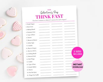 May include: A printable Galentine's Day game called "Think Fast" with a pink and black color scheme. The game instructs players to write down three answers for each category listed. The categories include female singers, rom-coms, makeup brands, European cities, types of shoes, desserts, women in history, zodiac signs, cocktails, places to propose, love life, clothing brands, Mexican foods, pink things, candies, types of pasta, female athletes, flowers, first date spots, and things you cuddle.