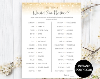 Adult Birthday Party Game | Birthday Would She Rather Game Gold | Fun Birthday Party Games Women | This or That Birthday Party Game