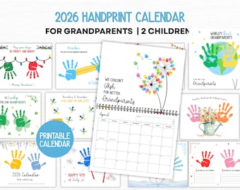 2026 Grandparents Handprint Calendar Craft, Grandma Grandpa Keepsake Gift from Two Kids, Toddlers & Babies, 2026 Calendar Printable DIY