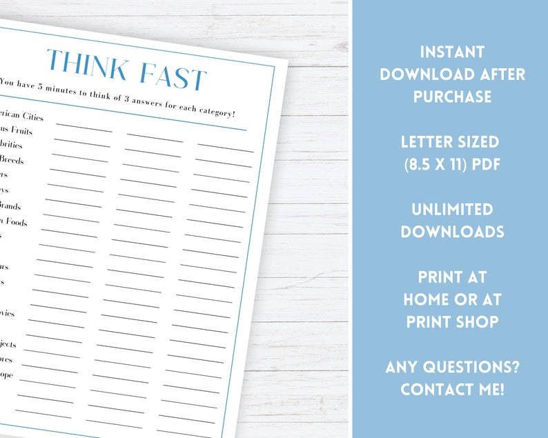 Think Fast Worksheet.pdf Think Fast Game, Icebreaker Game, Fun Icebreaker Ideas, Group Party ...
