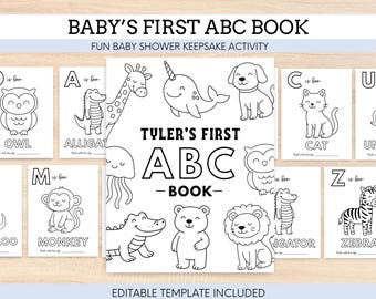 Primeiro livro de alfabeto do bebê, livro de colorir para chá de bebê, atividade de lembrança, livro de colorir ABC para chá de bebê, livro de visitas para chá de bebê
