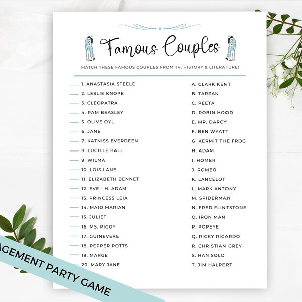 Famous Couples Game, Couple Matching Game, Blue Bridal Shower Game, Minimalist Bridal Shower Game, Printable Wedding Shower Game