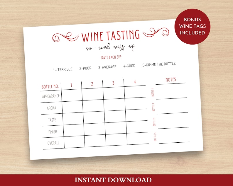 Wine Tasting Sheet 4 Wines, Wine Tasting Card, Printable Wine Tasting ...