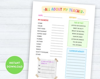 Teacher Favorite Things Form, Teacher Survey, Classroom Wishlist, Teacher Favorites, Teacher Appreciation Printable, Get to Know You