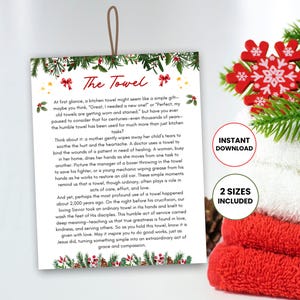 May include: A printable Christmas card with a festive green and red design. The card features a white background with a red title "The Towel" and a message about the humble towel and its many uses. The card also includes the text "Instant Download" and "2 Sizes Included".
