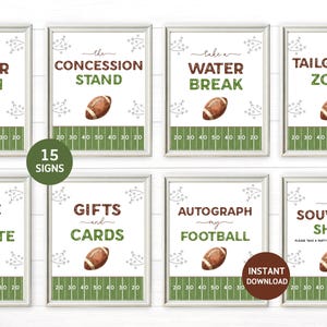 May include: A set of framed signs with football-themed text and illustrations. Each sign displays a football image and text like "Locker Room," "Concession Stand," and "Tailgating Zone." The signs have a football field design at the bottom.