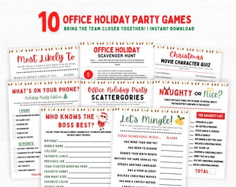 May include: A collection of ten printable office holiday party games. The games include a scavenger hunt, movie character quiz, and "Naughty or Nice?" game. The text "Bring the team closer together!" is displayed at the top.