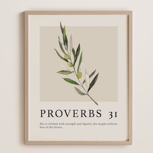 Boho-Style &#39;Proverbs 31 Woman&#39; Poster Gift for Her - Christian Wall Art with Olive Branch, Bible Verse (Physical Print)