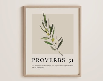 Boho-Style 'Proverbs 31 Woman' Poster Gift for Her - Christian Wall Art with Olive Branch, Bible Verse (Physical Print)