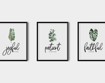 Tropical Christian Poster Set - Romans 12:12 Quote, Be Joyful, Patient, Faithful. Ideal Gift with Vibrant Leaves Design (Digital Files)