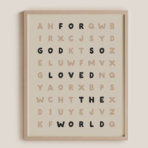 Décoration de dortoir chrétien - Recherche de mots moderne pour ados, beige et noir, « For God So Loved the World », illustration de Jean 3:16 (fichier numérique)