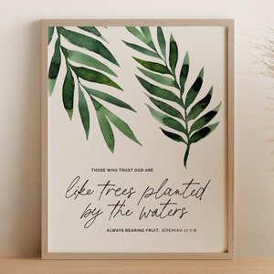 Trees Planted by Waters with Palm Branches - Jeremiah 17:7-8, Calligraphy Font, Christian Wall Art, Bible Verse Home Decor (Physical Poster)