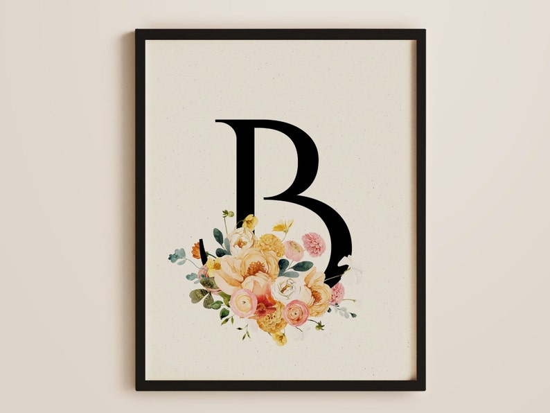 Boho Monogram Art with Watercolor Flowers Custom Initial for Baby, Nursery, Girl Room, College Dorm, Bridal, Wedding Physical Poster image 1