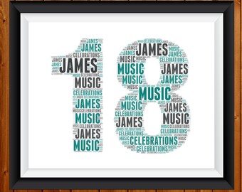 18th Birthday gift personalised word art . Birthday age number created from your simple list of around 20 words, 18th Birthday wallart