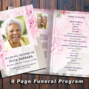 8 Page Pink Flowers Funeral Program Template | 8 Page Obituary Template | Celebration of Life | Printable | Memorial Programs 104