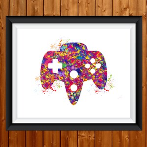 May include: A colorful watercolor painting of a video game controller. The controller is painted in shades of pink, purple, blue, green, and yellow. The background is white.