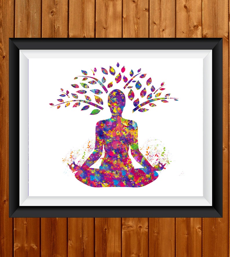 May include: A colorful watercolor painting of a person sitting in a yoga pose with a tree growing out of their head.