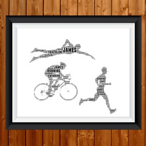 Personalised Triathlon Art -Triathlon Gifts -Triathlon Running Cycling Swimming Gifts Athlete Iron Man Gift Word Art Wall Room Custom Cloud