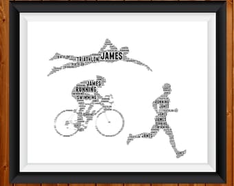 Personalised Triathlon Art -Triathlon Gifts -Triathlon Running Cycling Swimming Gifts Athlete Iron Man Gift Word Art Wall Room Custom Cloud