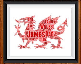 Personalised Welsh Dragon Print - Custom Word Wall Art Frame - Birthday, Fathers Day Gifts - For Him, Her, Men, Women, Couples