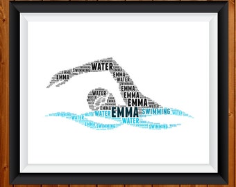 May include: A black and white word cloud in the shape of a swimmer, with the words "Emma", "Water", and "Swimming" repeated throughout.