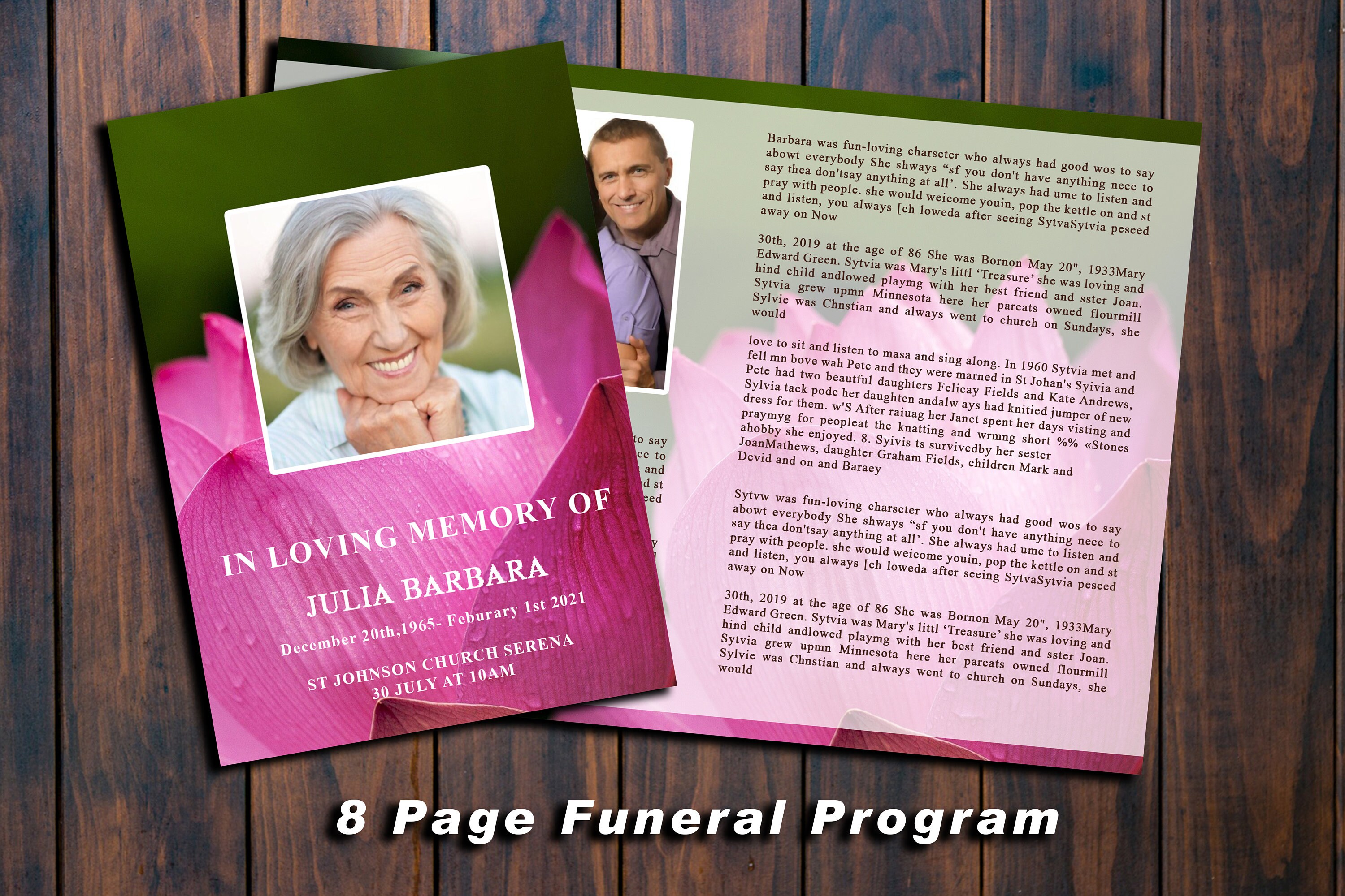 8 Page Pink Flower Funeral Program Template 8 Page Obituary Etsy