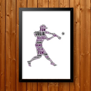 Personalised Word Art Gift Baseball Batter Female Gifts Girl Baseball Print Gift For Sports Wall Prints Wall Art Wall Decor Gift