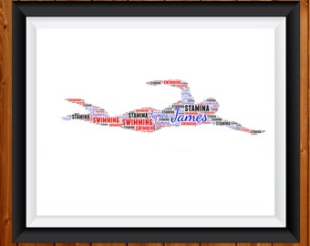 May include: A word cloud art print in the shape of a swimmer. The words "Stamina", "Swimming", and "James" are repeated throughout the design in red, blue, and black.