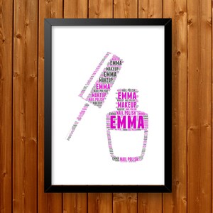 Puede incluir: Una nube de palabras rosa y negra con la forma de un frasco de esmalte de uñas y un pincel. La nube de palabras incluye el nombre "Emma" y las palabras "esmalte de uñas" y "maquillaje".