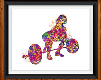 May include: A colourful watercolour painting of a person lifting weights. The person is in a squat position with a barbell across their back. The painting is done in a variety of colours, including pink, purple, blue, green, and yellow.