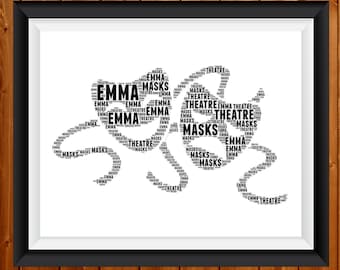 May include: A black and white word cloud in the shape of two masks. The words in the cloud are "Emma", "Masks", and "Theatre".