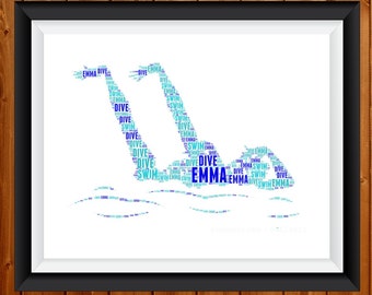 May include: Framed art print featuring a swimmer composed of the words "Dive," "Swim," and "Emma" in shades of blue. The artwork is set against a white background, framed in black, and mounted on a wooden surface.