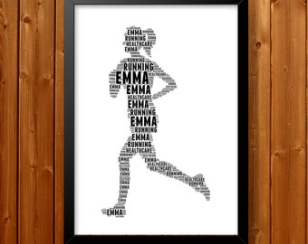 May include: A black and white word cloud in the shape of a person running. The words in the cloud include "Emma", "Running", and "Healthcare".