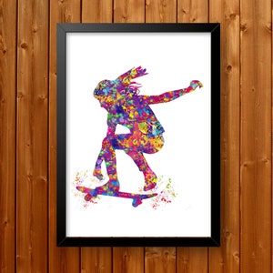 Skateboarder Mädchen Aquarell Druck Skateboard Street Sport Kunst Wand Kunst Wand Dekor Mädchen Zimmer Wohndeko Kinderzimmer Skateboarding Wandkunst 24