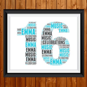 May include: A word cloud art print featuring the name "Emma" in a blue and black color scheme. The word cloud is shaped like the number "16" and includes the words "music", "celebrations", and "Emma".
