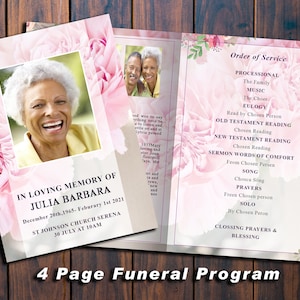 May include: A 4-page funeral program with a pink floral design. The program includes a photo of a smiling woman and the text "In Loving Memory of Julia Barbara." The order of service is listed.