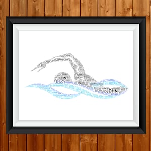 Presente personalizado do nadador da natação palavra arte decoração da parede do quarto nuvem personalizada arte da parede quadro de aniversário