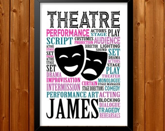 Personalised Theatre Gifts- Theatre Gift Print- For Theatre Drama Actor Student Musical Theatre Fan Gift Word Art Wall Room typography