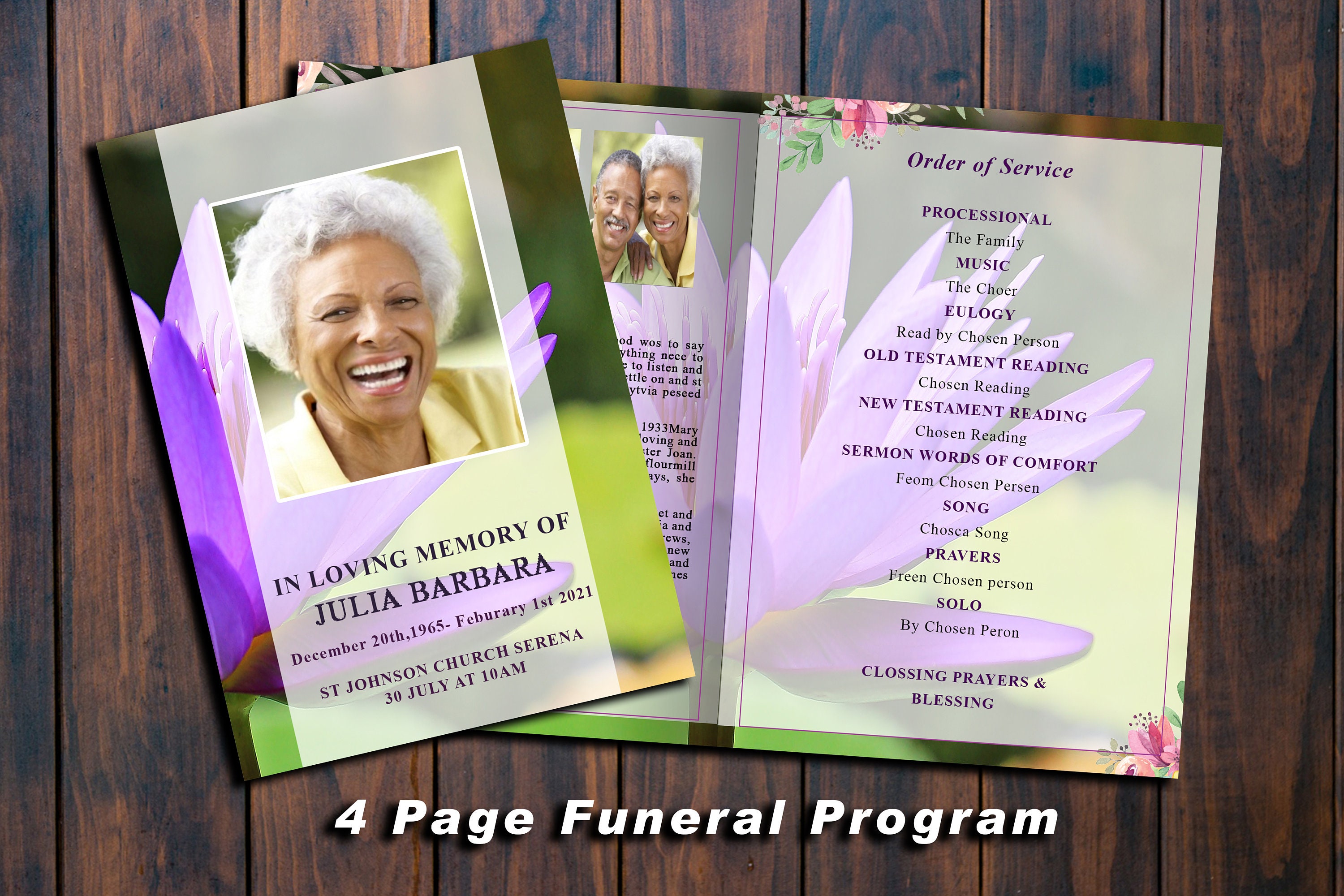 4 Page Purple Lily Flower Funeral Program Template 4 Page Etsy