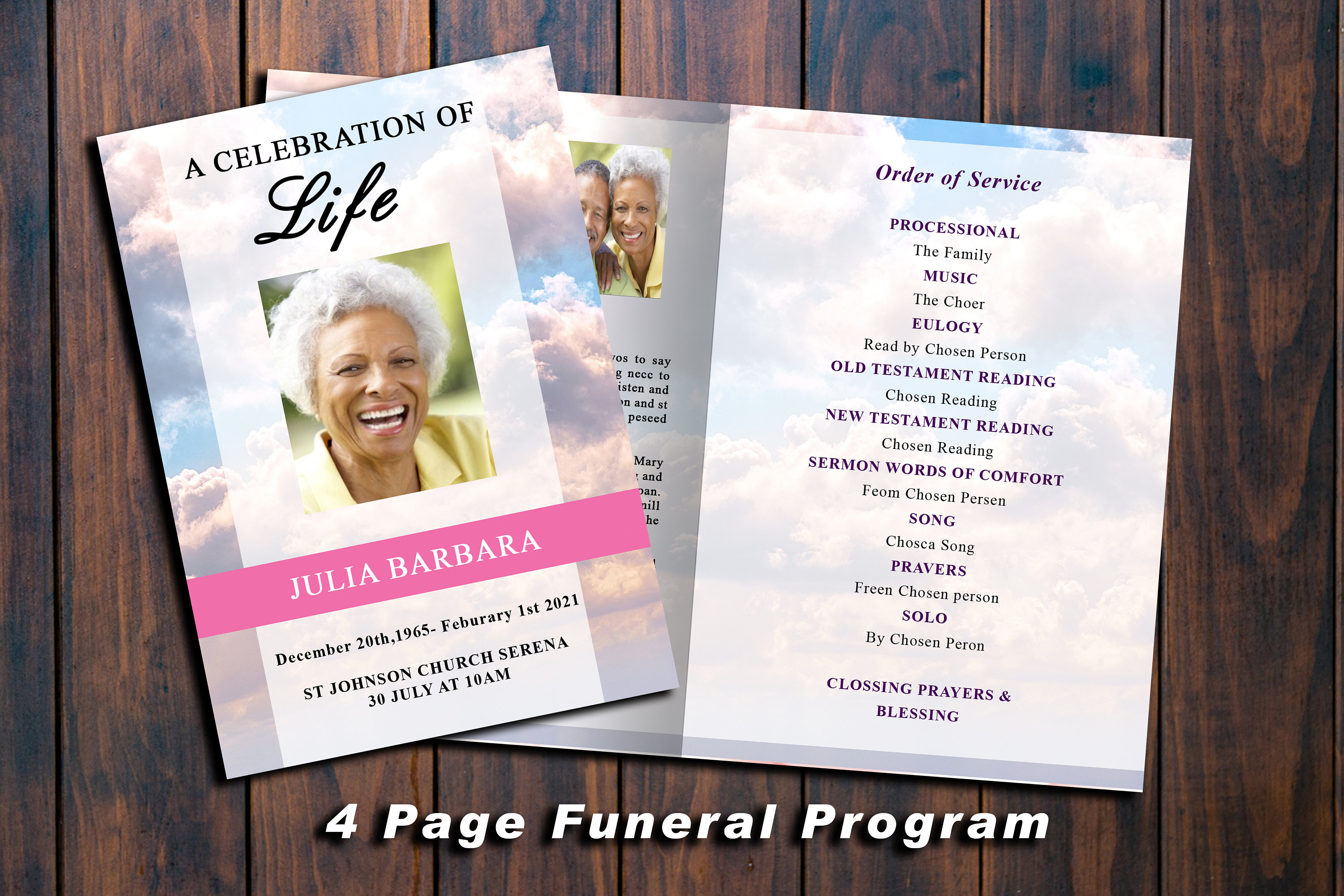 Celebration of Life Brochure 4 Page Pink Sky Funeral Program | Etsy