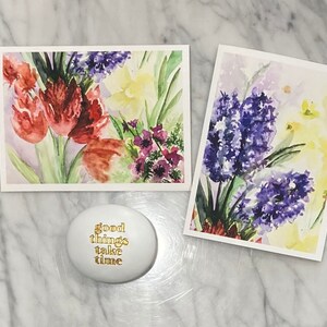 6 Blank All Occasion Note Size Watercolor Hyacinth and Tulip Cards 2 Designs with envelopes