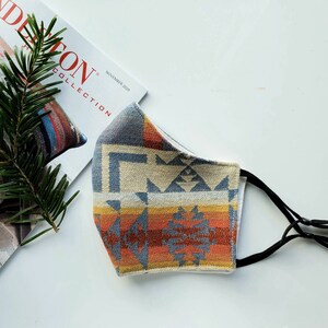 100% Wool Winter Face Mask Covering Washable Adjustable Elastics Nose Wire Red/Orange/Yellow/Blue Aztec Print