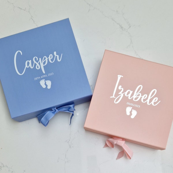Personalised baby pink/blue memory box - large keepsake box - newborn baby gift - luxurious new baby box with magnetic closure and ribbon