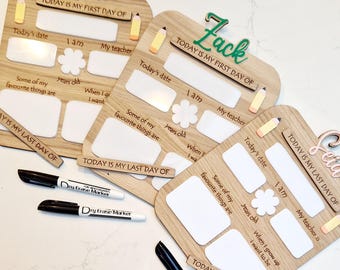 May include: Wooden first and last day of school boards with personalized names, pencils, and flower accents. Includes dry erase markers. The boards have spaces for date, age, teacher, and favorite things.