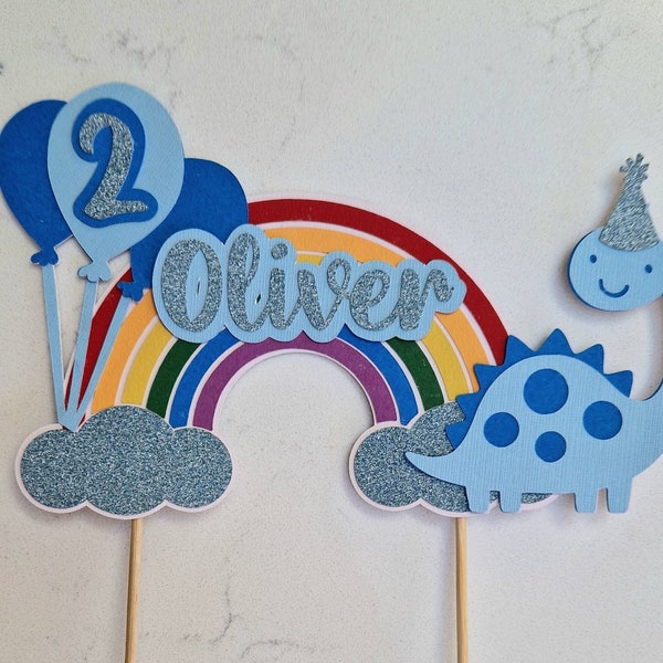 Rainbow, blue dinosaur and Balloons - Cake Topper - Kids party decoration - Personalised dinosaur cake topper with glitter - bright rainbow