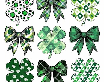 St Patricks Day Shamrock and Bow Clipart Bundle | Green Plaid and Patterned Clover PNG JPEG | Irish Holiday Sublimation | Instant Download