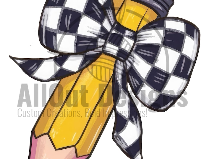 Featured listing image: Teacher Pencil Png, Pencil with Checkered Bow JPEG & PNG File, Back to School Png, Classroom Decor, Gift for Teacher