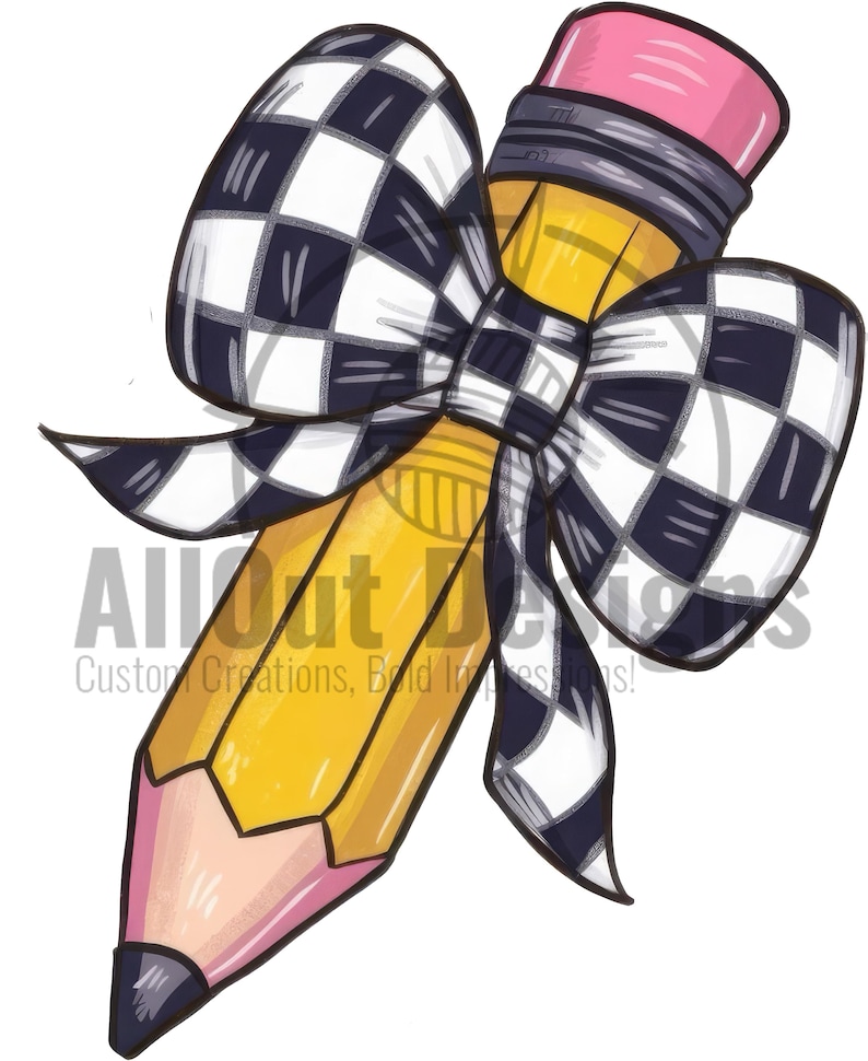 May include: A yellow pencil with a pink eraser is tied with a black and white checked bow.